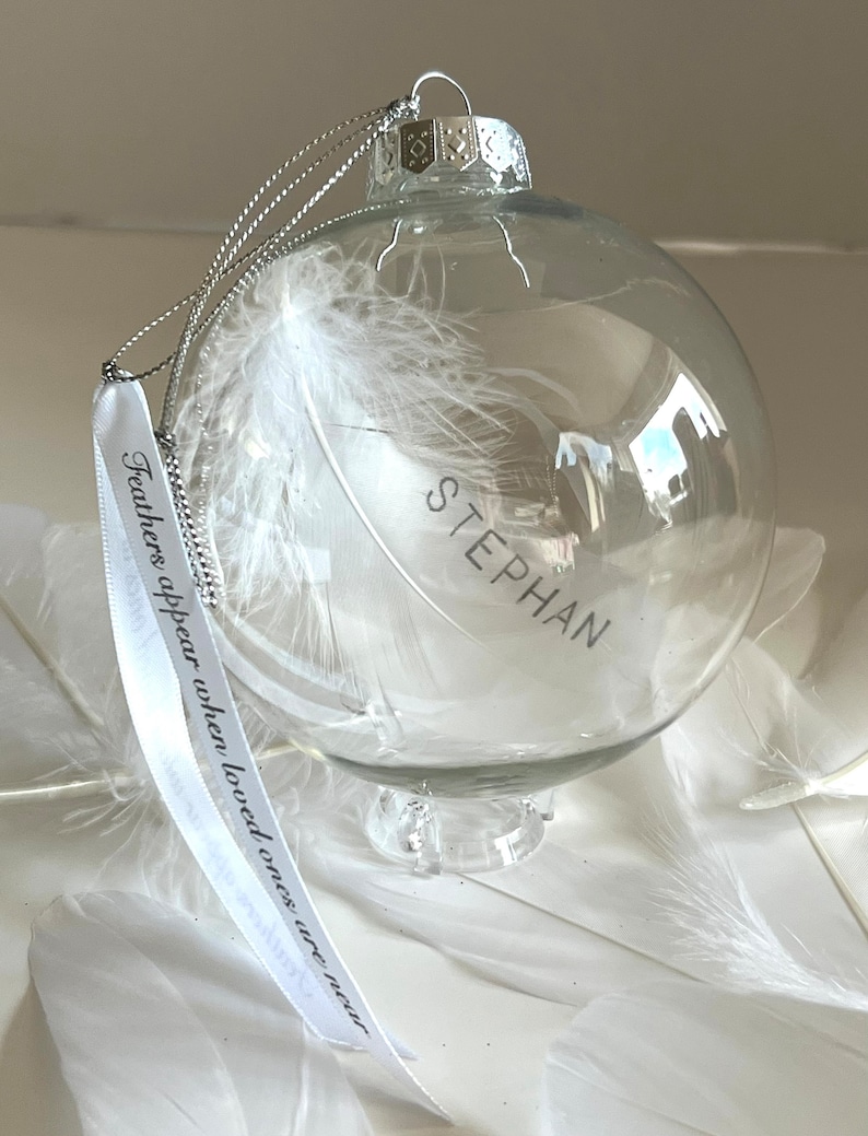 Feather memorial bauble, quality shatterproof plastic, personalised on feather. Display stand not included. Memorial, remembrance, in memory image 5