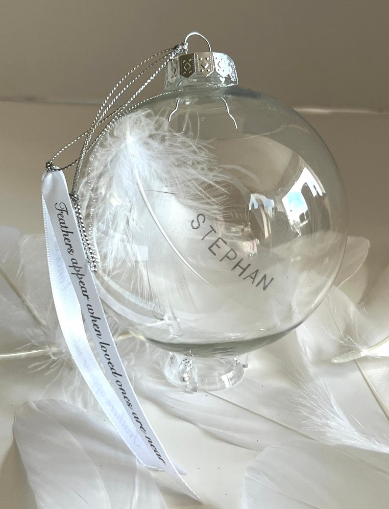 Personalised Feather Memorial Glass Bauble, Remembrance Ornament, Custom Name Feather Bauble, Sympathy Gift, In Loving Memory Keepsake. image 5