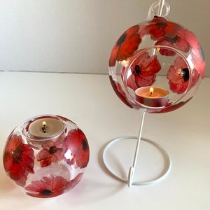 Poppies glass hanging or table top tea light holder & bauble. Hand painted. Birthday, gift, decor, hanging decoration, ornament, remembrance