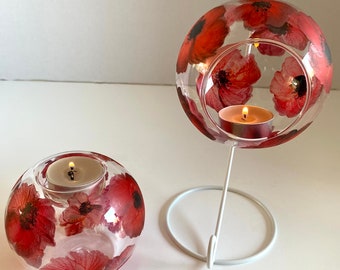 Poppies glass hanging or table top tea light holder and bauble. Hand painted. Birthday, gift, Mother’s Day.