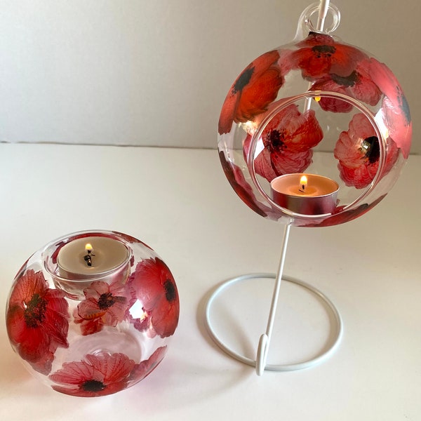 Poppies glass hanging or table top tea light holder and bauble. Hand painted. Birthday, gift, Mother’s Day.