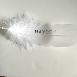 Feather memorial bauble, quality shatterproof plastic, personalised on feather. Display stand not included. Memorial, remembrance, in memory image 2