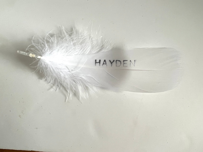 Feather memorial bauble, quality shatterproof plastic, personalised on feather. Display stand not included. Memorial, remembrance, in memory image 2