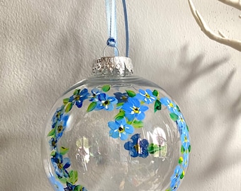 Hand Painted Forget-Me-Not Bauble – 10cm Glass or Shatterproof Ornament – Floral Blue Keepsake Decoration – Indoor Outdoor Hanging Gift