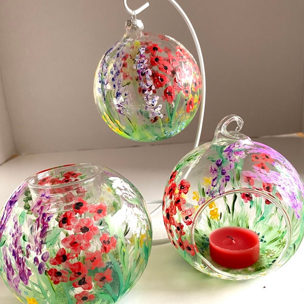 Wild flower glass hanging or table top tea light holder and bauble. Hand painted glass, perfect gift for Mother’s Day or birthdays.