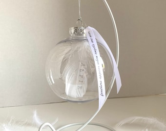 Feather memorial bauble, quality shatterproof plastic, personalised on feather. Display stand not included. Memorial, remembrance, in memory