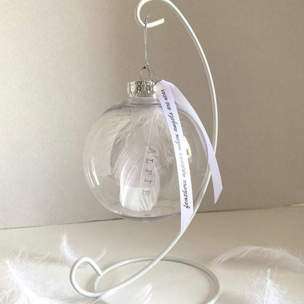 Feather memorial bauble, quality shatterproof plastic, personalised on feather. Display stand not included. Memorial, remembrance, in memory