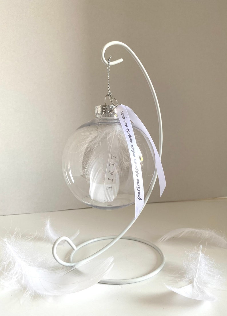 Personalised Feather Memorial Glass Bauble, Remembrance Ornament, Custom Name Feather Bauble, Sympathy Gift, In Loving Memory Keepsake. image 1
