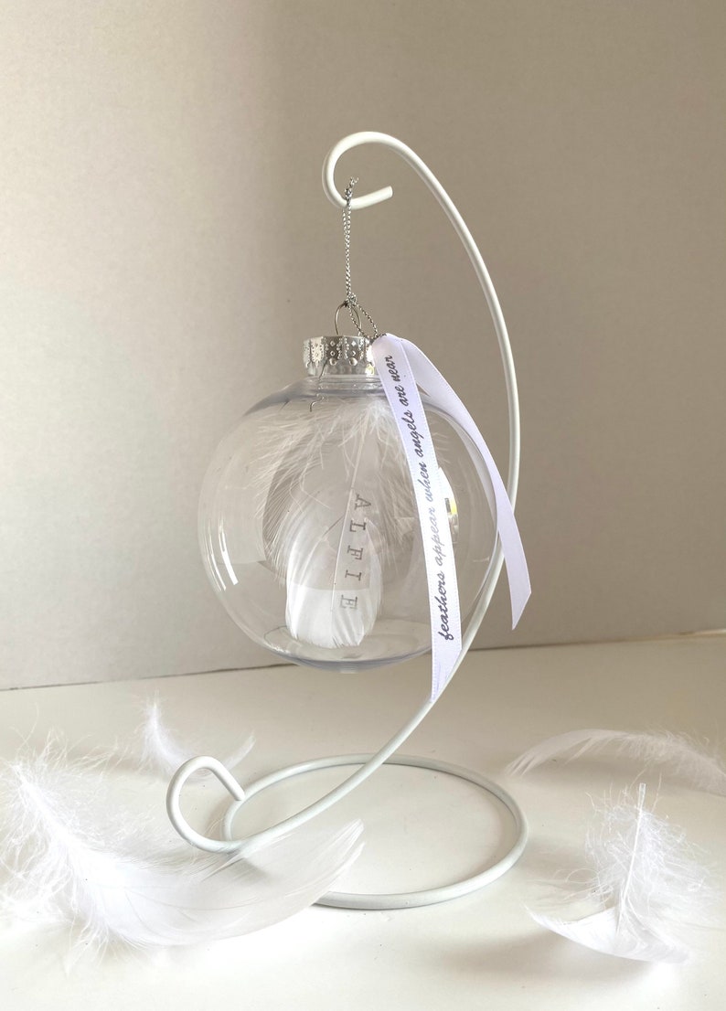 Feather memorial bauble, quality shatterproof plastic, personalised on feather. Display stand not included. Memorial, remembrance, in memory image 1