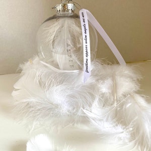 Feather memorial bauble, quality shatterproof plastic, personalised on feather. Display stand not included. Memorial, remembrance, in memory image 3