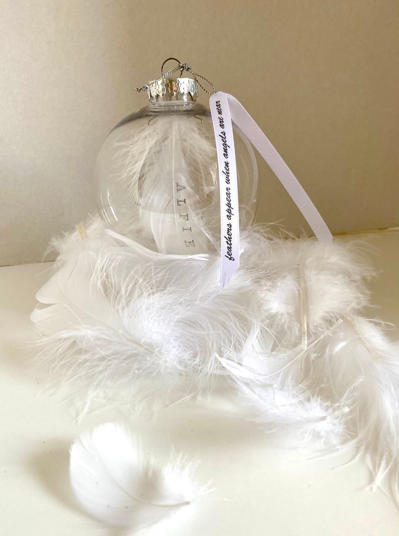 Feather memorial bauble, quality shatterproof plastic, personalised on feather. Display stand not included. Memorial, remembrance, in memory image 3