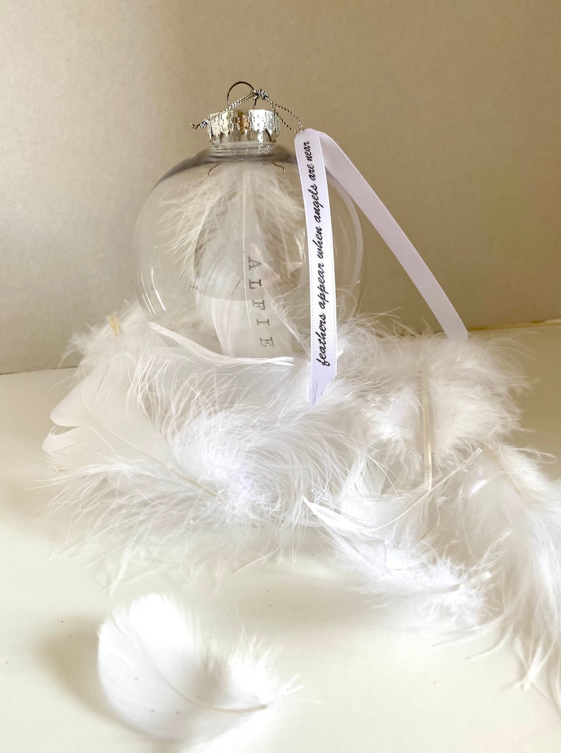 Personalised Feather Memorial Glass Bauble, Remembrance Ornament, Custom Name Feather Bauble, Sympathy Gift, In Loving Memory Keepsake. image 3