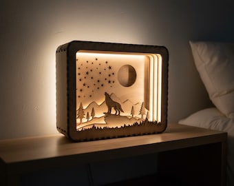 Wolf Howling Shadowbox SVG – 3D Layered Laser Cut File - Moon Forest Scene DXF