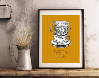 Fancy a Brew? Print. Funny Kitchen Print. Vintage Style Print. A5