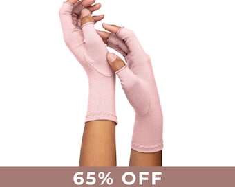Tickled Pink Cotton Compression Gloves: Open Finger Design, Hand Pain Relief