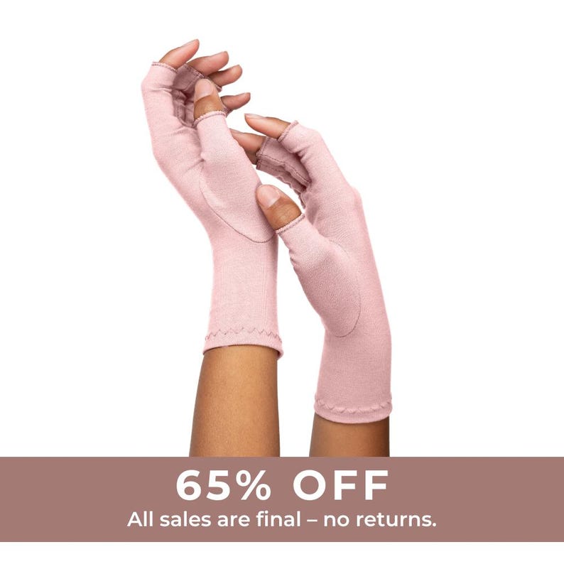 May include: Light pink fingerless compression gloves. The gloves are designed to cover the hand and forearm, with openings for the fingers and thumb. The cuffs have a decorative zigzag stitch. The image also includes the text "65% OFF" and "All sales are final - no returns."