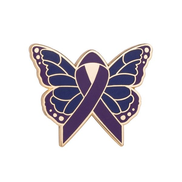 Butterfly pin for rheumatoid awareness: gold, purple & navy