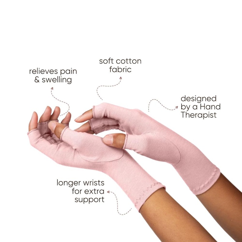May include: A pair of light pink compression gloves made of soft cotton fabric. The gloves are designed by a hand therapist and feature longer wrists for extra support. Text on the image reads: relieves pain & swelling.