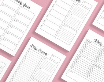 Puede incluir: Cuatro páginas de planificador imprimibles con texto negro sobre papel blanco. Las páginas incluyen "Objetivos mensuales", "Planificador diario", "Comidas semanales" y "Planificador".