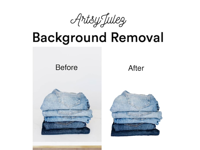 Puede incluir: Imagen antes y despu&eacute;s que muestra la eliminaci&oacute;n del fondo. Una pila de jeans azules sobre un fondo blanco. El fondo se ha eliminado en la imagen posterior.