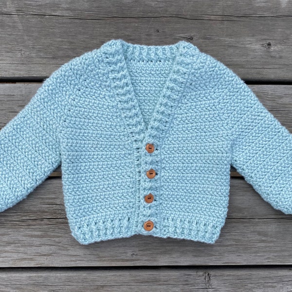 Crochet pattern cardigan, crochet v-neck cardigan, Ponderosa Cardigan, sizes: 6-12 m, 1-2 y, 3-4 y, 5-6 y, 7-8 y, 9-10 y