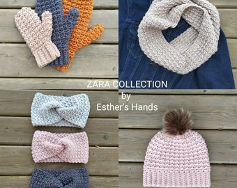 May include: A collection of four crochet patterns: a beanie, a headband, a cowl, and a pair of mittens. The patterns are all in a light pink color and are made with a textured stitch. The image also includes the text "ZARA COLLECTION by Esther's Hands" and "4 PDF".