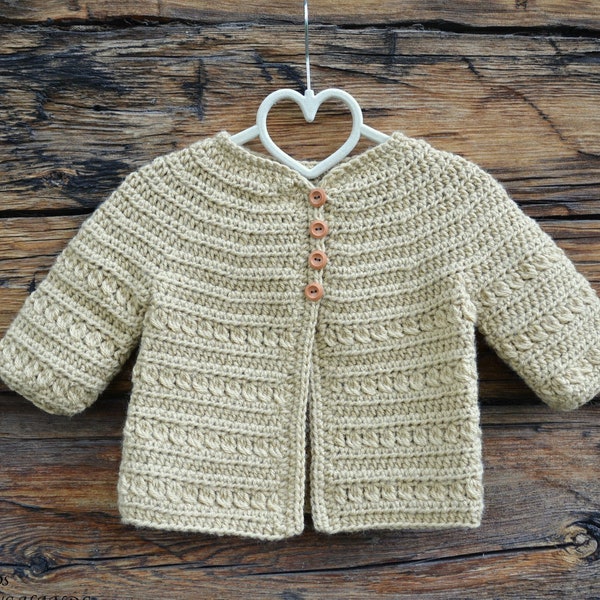 Crochet Pattern Cardigan, Zoe Cardigan, crochet sweater pattern, sizes: 18" doll, 0-6 m, 6-12 m, 1-2 y, 3-4 y, 5-6 y