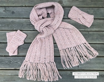 3 MOTIFS AU CROCHET / Collection Audrey : cache-oreilles, écharpe et mitaines au crochet / Accessoires d'hiver au crochet