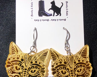 Sugar Skull Gold Mirror Cat Earrings / Sugar Skull Design
