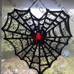 Spider & Heart Web Suncatcher / Glass-like / Glitter / Stained-glass-like Window Decor