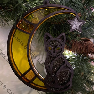 Feline Friend Stained Glass Style Ornament / Moon & Cat with Star / Miniature Suncatcher / Christmas and Halloween Ornament