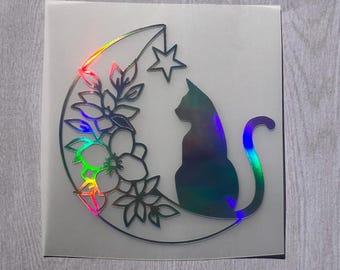Holographic or Glitter Floral Cat on Moon Decal Sticker, Cup, Phone, Laptop, Mug,  Water Bottle, Tumbler, Cooler, Bag, Suitcase