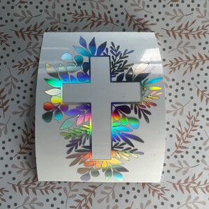 Holographic or Glitter Botanical Cross Decal Sticker, Cup, Phone, Laptop, Mug, Christian,  Water Bottle, Tumbler, Bible, Cooler
