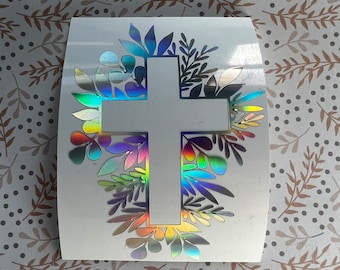Holographic or Glitter Botanical Cross Decal Sticker, Cup, Phone, Laptop, Mug, Christian,  Water Bottle, Tumbler, Bible, Cooler