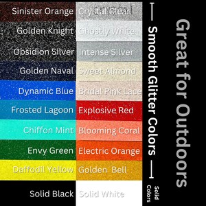 a color palette for various types of glitter paint, including Sinister Orange, Crystal Clear, and Smooth Glitter Colors.