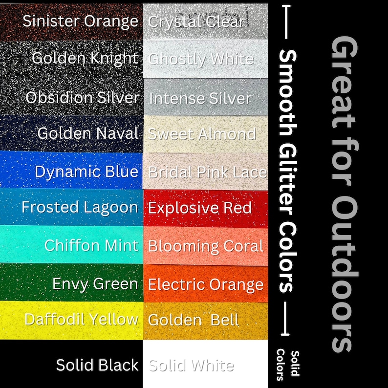 a color palette for various types of glitter paint, including Sinister Orange, Crystal Clear, and Smooth Glitter Colors.
