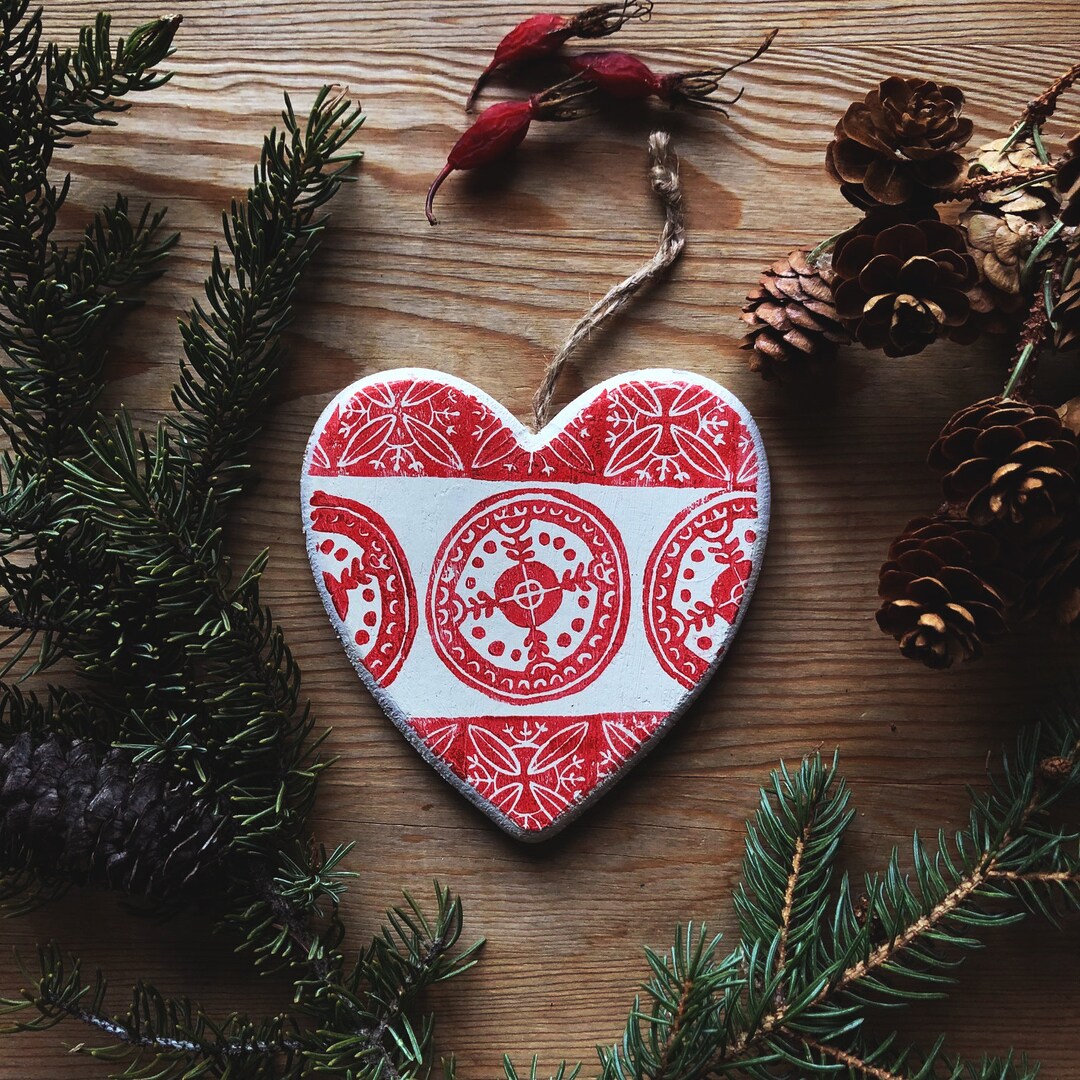 SCANDINAVIAN CHRISTMAS ORNAMENT Original Block Print Carving Birch Bark Nordic Pattern, Wood