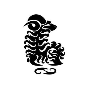 May include: Black and white silhouette of a stylized ram with curly horns and a wavy body.
