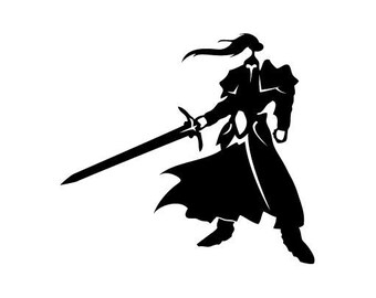 May include: Black and white silhouette of a warrior holding a sword, standing in a heroic pose.