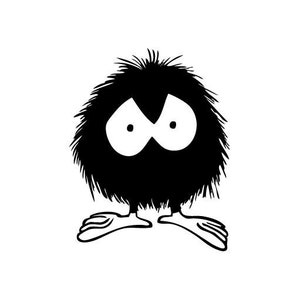 May include: A black and white cartoon illustration of a furry creature with large eyes and a grumpy expression. The creature has two small feet.