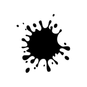 May include: Black ink splatter isolated on a white background. The splatter is a large, irregular shape with many small droplets.