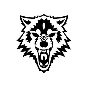 Könnte beinhalten: Schwarzweiß-Illustration eines Wolfskopfes mit einem knurrenden Ausdruck. Die Zähne des Wolfes sind entblößt und seine Augen sind verengt.