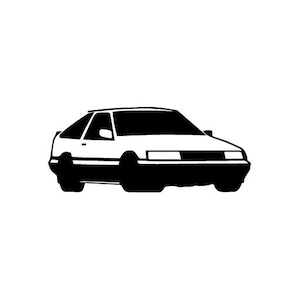 Könnte beinhalten: Eine schwarz-weiße Silhouette eines klassischen Autos, ein beliebtes Modell für Autoliebhaber.