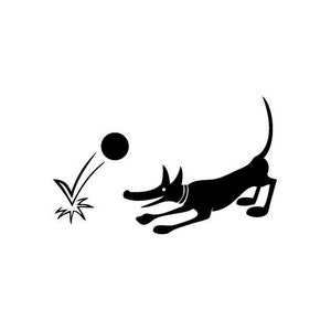Op de afbeelding: Een zwart silhouet van een hond die een bal in de lucht vangt. De hond rent en springt met zijn bek open. De bal is rond en zwart.