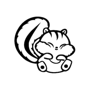 May include: Black and white line drawing of a cartoon squirrel with its tail curled around its body. The squirrel is smiling and has its eyes closed.