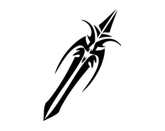 May include: Black and white tribal style sword design. The sword has a sharp point and intricate details.