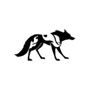 May include: A black and white silhouette of a wolf with a stylised design on its body.
