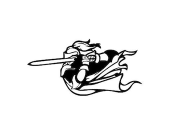 May include: Black and white illustration of a masked warrior with a sword and flowing cape.