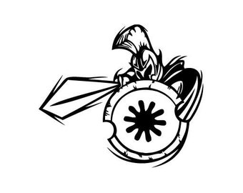 May include: Black and white illustration of a warrior holding a sword and shield. The warrior is wearing a helmet and armor. The shield has a starburst design.