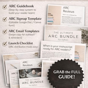 Könnte beinhalten: Werbebild mit dem Text „WAS ENTHALTEN IST:“ und einer Liste von Elementen wie „ARC Guidebook“ und „ARC Email Templates“. Das Bild zeigt auch den Text „THE ULTIMATE ARC BUNDLE For Authors“ und „GRAB the FULL GUIDE!“